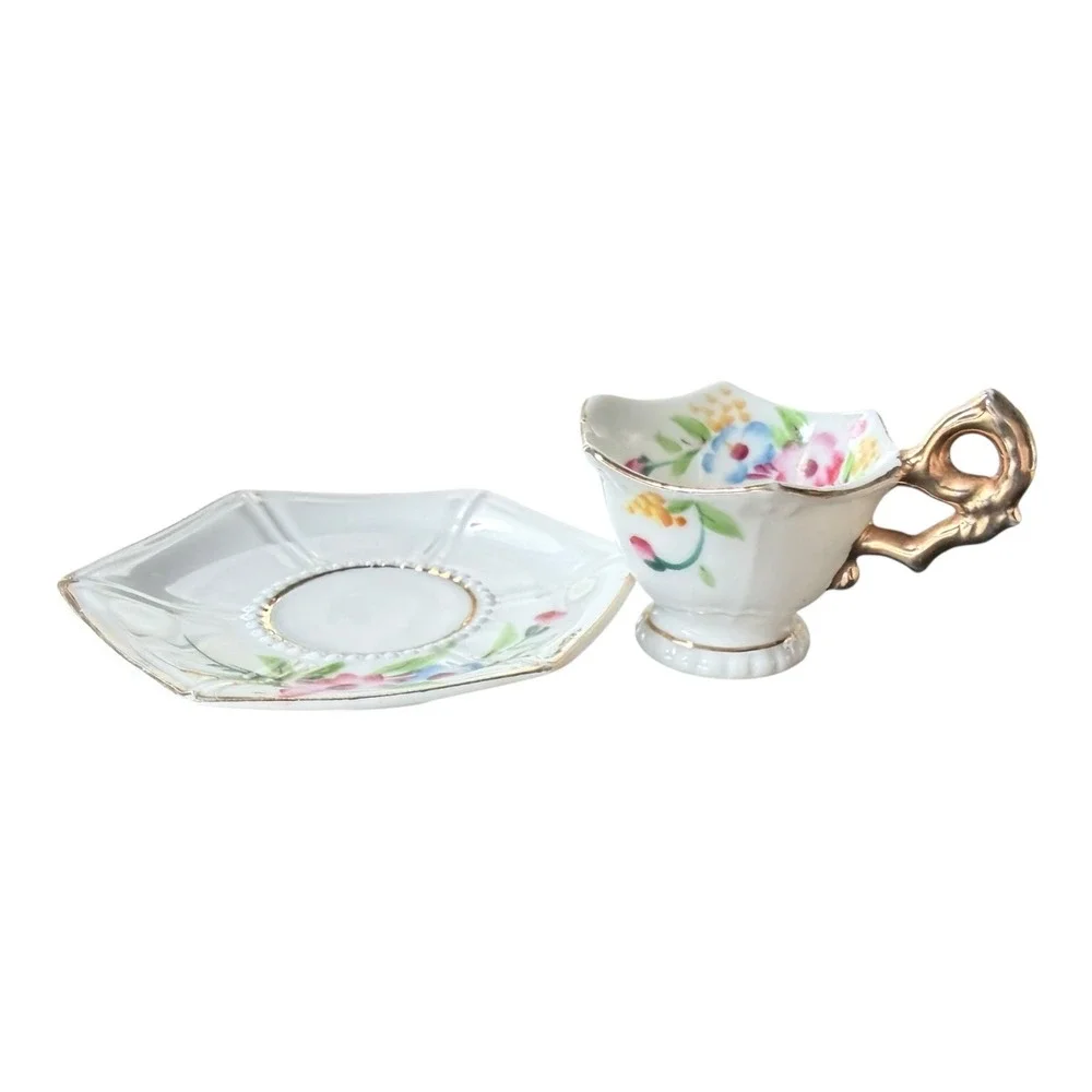 Occupied Japan Tea Cup Saucer Set Vintage‎ Hexagonal Floral Porcelain Gold Trim